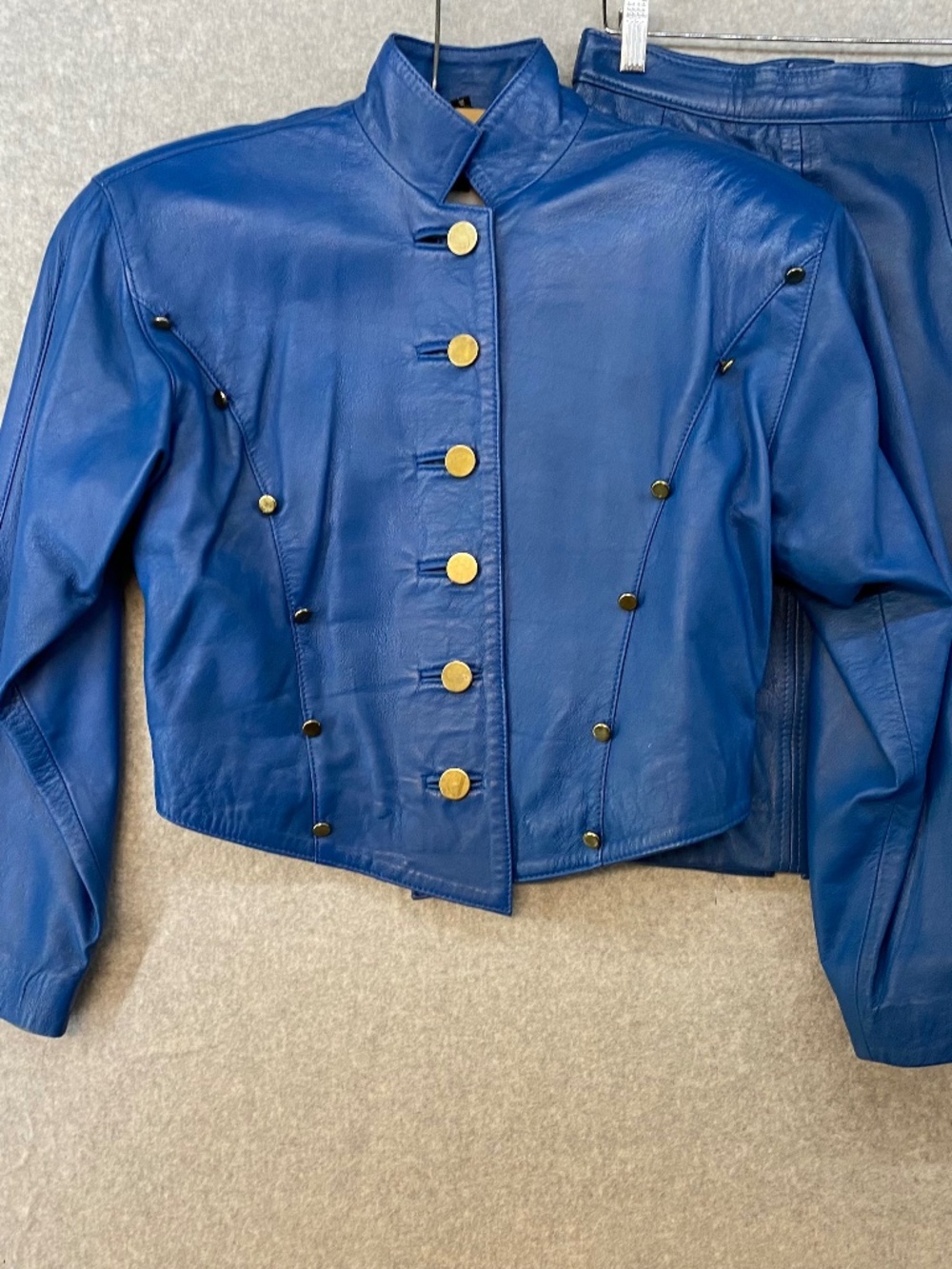 1980s Leather Skirt Suit Size S โข Blue โข Pencil Skirt โข Button Jacket Vintage